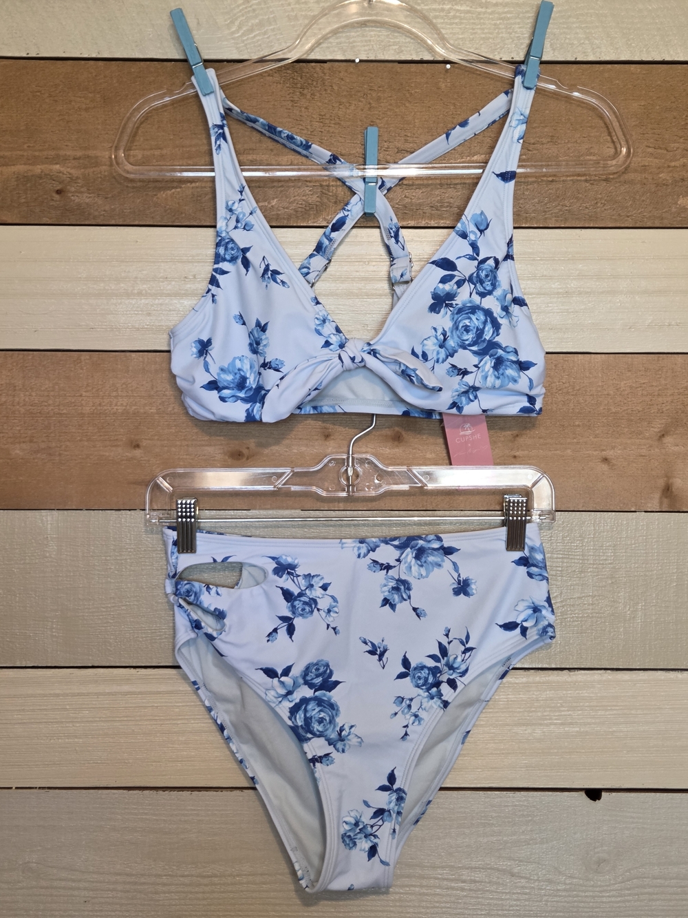 Cupshe White & Blue Floral Knot Bralette Bikini Set